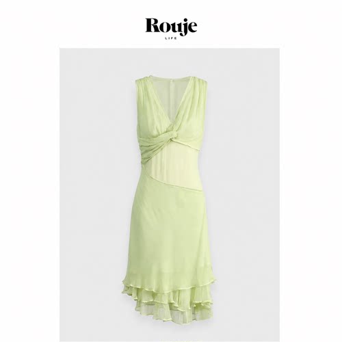 【现货】Rouje Life蒲言延100%人丝曼谷薄荷法式V领荷叶边连衣裙