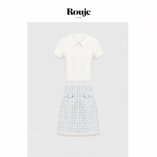 【现货】Rouje Life白色娃娃领貂绒短袖毛衣小香风千金半身裙套装