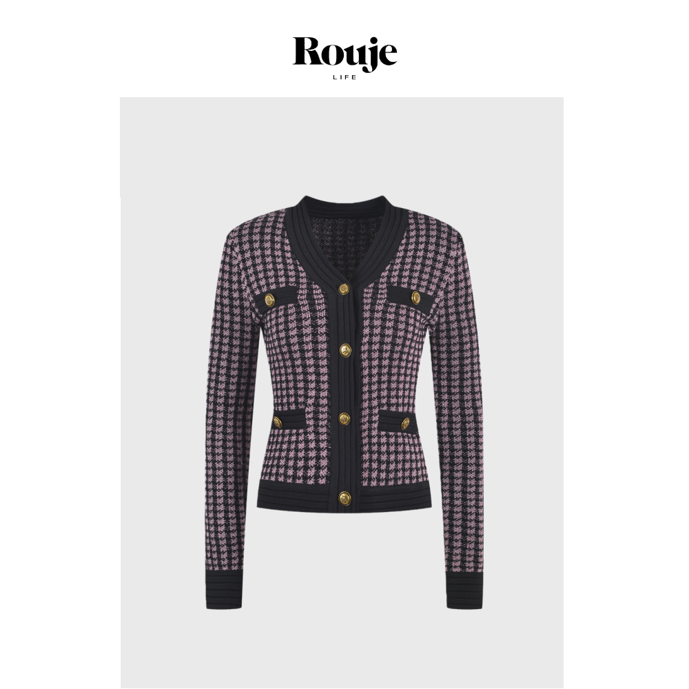 【现货】Rouje Life法式气质V领宽松显瘦复古格纹针织开衫上衣女,女装/女士精品,毛衣,淘宝优惠券,粉丝福利购,淘宝优惠卷