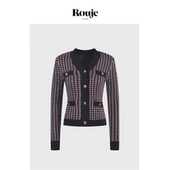 现货 Rouje Life法式 气质V领宽松显瘦复古格纹针织开衫 上衣女
