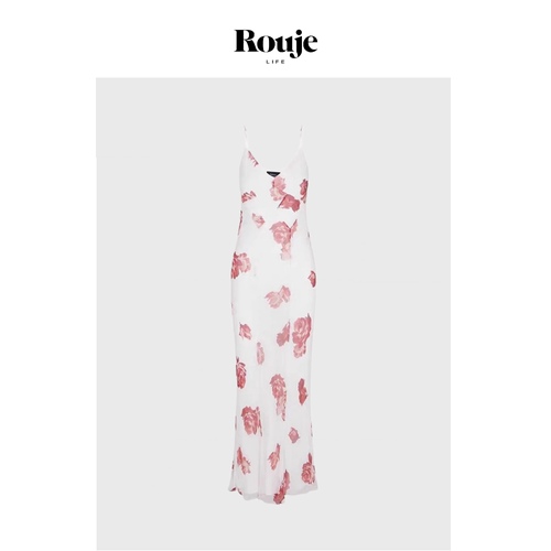 【现货】Rouje Life夏V领Realisa真丝白色玫瑰印花吊带长裙度假风