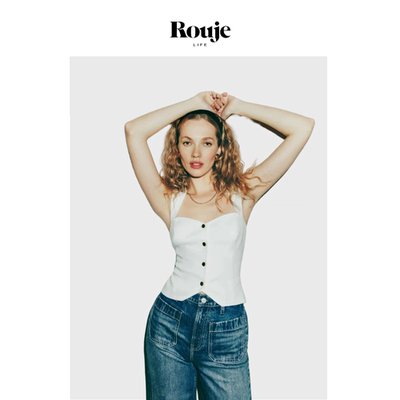 【现货】Rouje Life纯色方领亚麻单排扣短款上衣马甲修身法式女夏