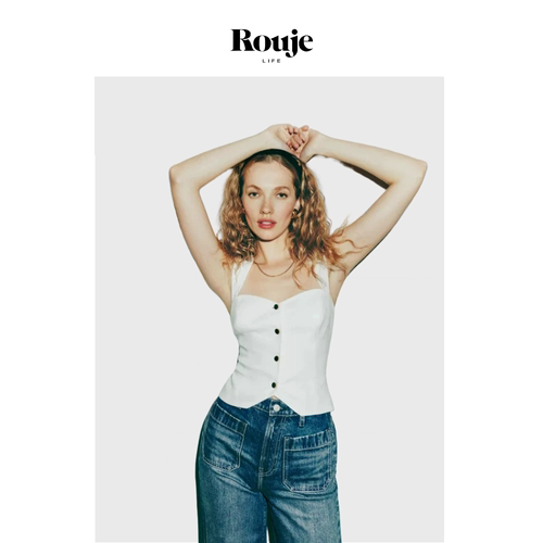 【现货】Rouje Life纯色方领亚麻单排扣短款上衣马甲修身法式女夏