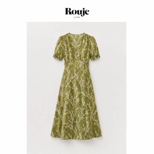 【现货】Rouje Life显白牛油果绿茶歇V领优雅气质收腰显瘦连衣裙