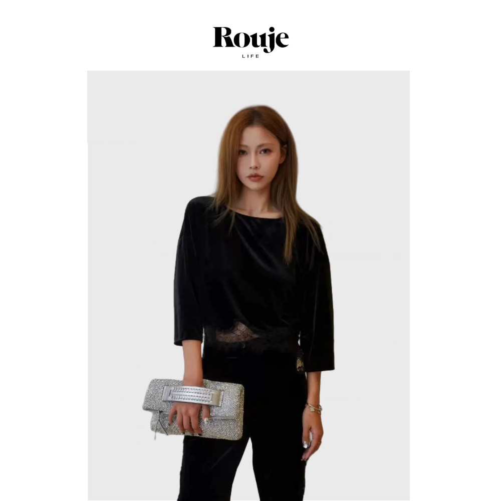 【现货】Rouje Life微醺~丝绒蕾丝上衣 24早秋黑色性感短款衬衫