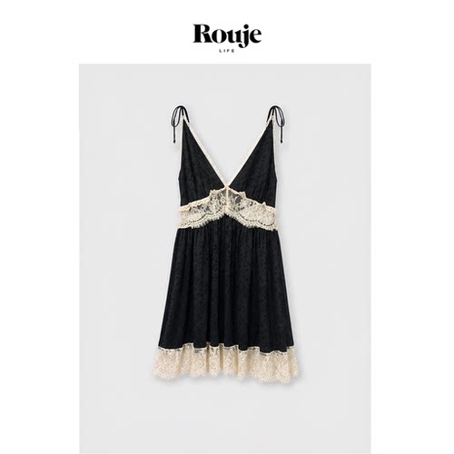 【现货】Rouje Life纽约缎面背心裙春季蕾丝拼接v领连衣裙
