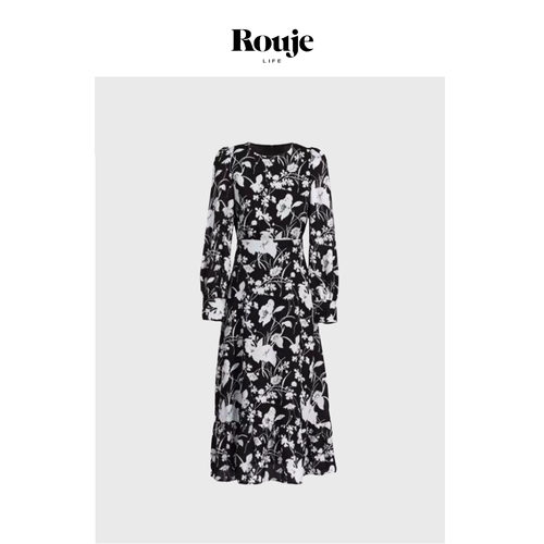 【现货】Rouje Life朱珠同款碎花连衣裙黑色圆领长袖显瘦过膝长裙
