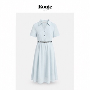 【现货】Rouje Life复古条纹蓝色收腰气质通勤大摆衬衫连衣裙