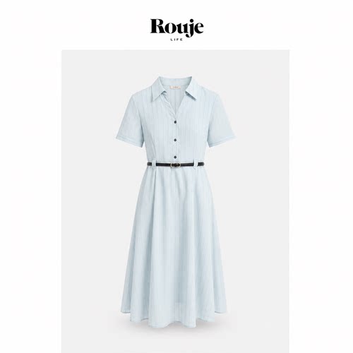 【现货】Rouje Life复古条纹蓝色收腰气质通勤大摆衬衫连衣裙