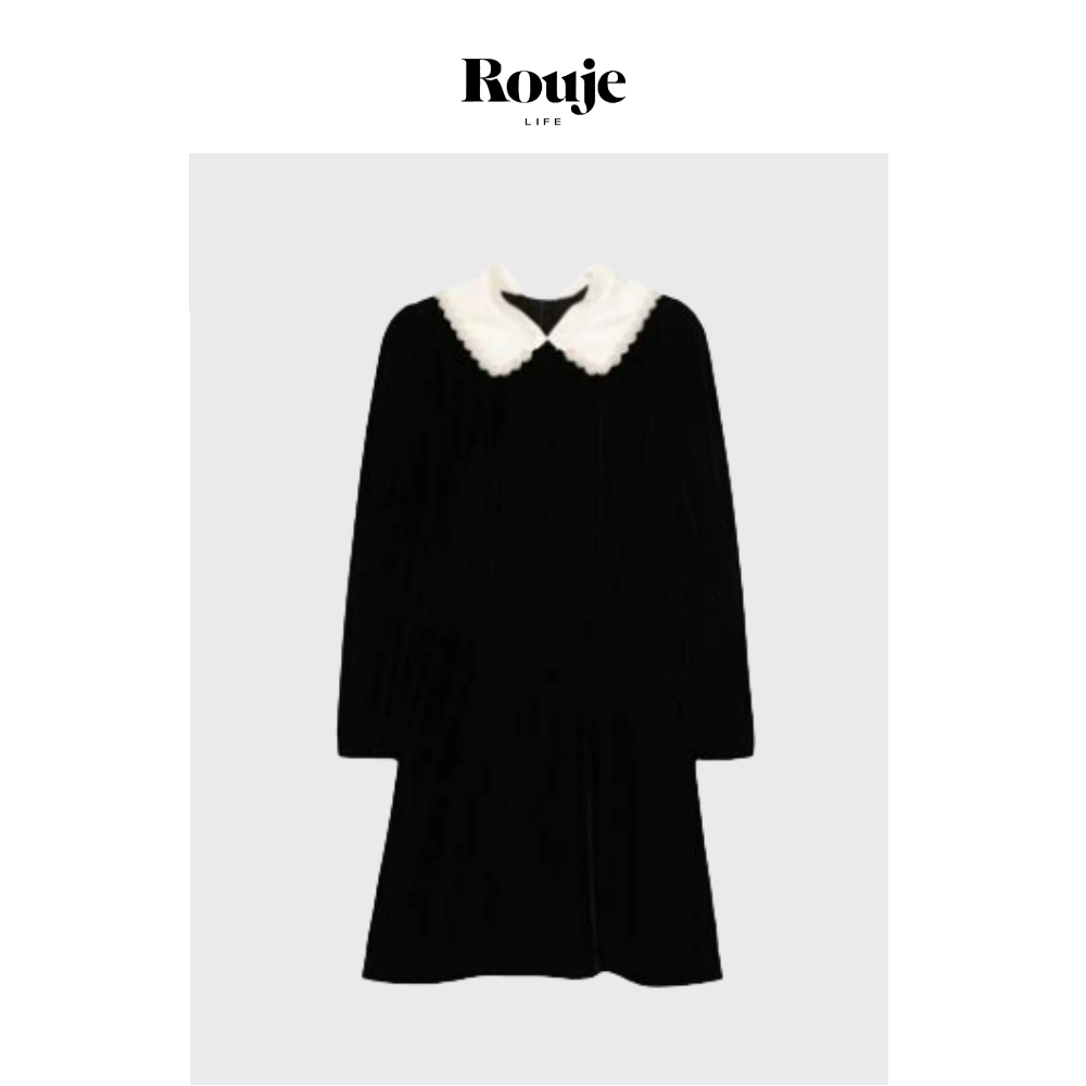 【现货】Rouje Life贵气！珍珠领小黑裙 24早秋黑色丝绒翻领洋装