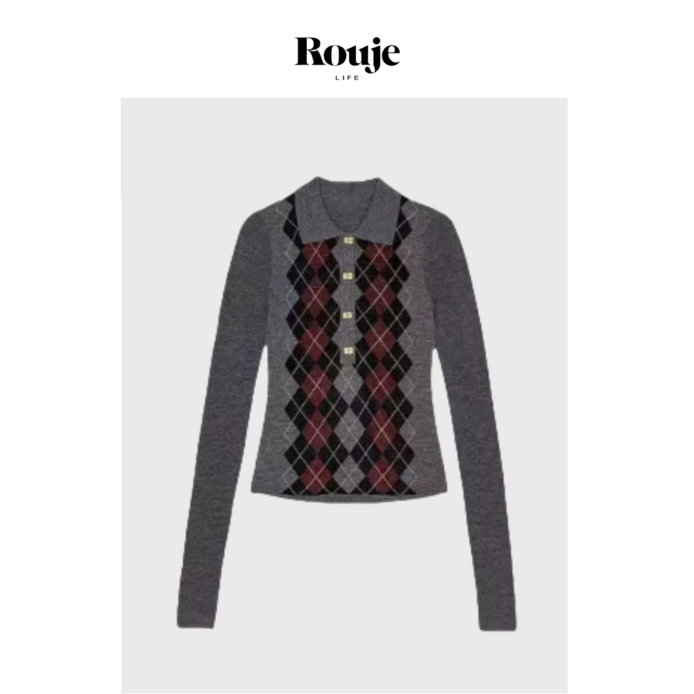 【现货】Rouje Life丹麦学院风上衣24早秋经典菱格纹翻领针织衫