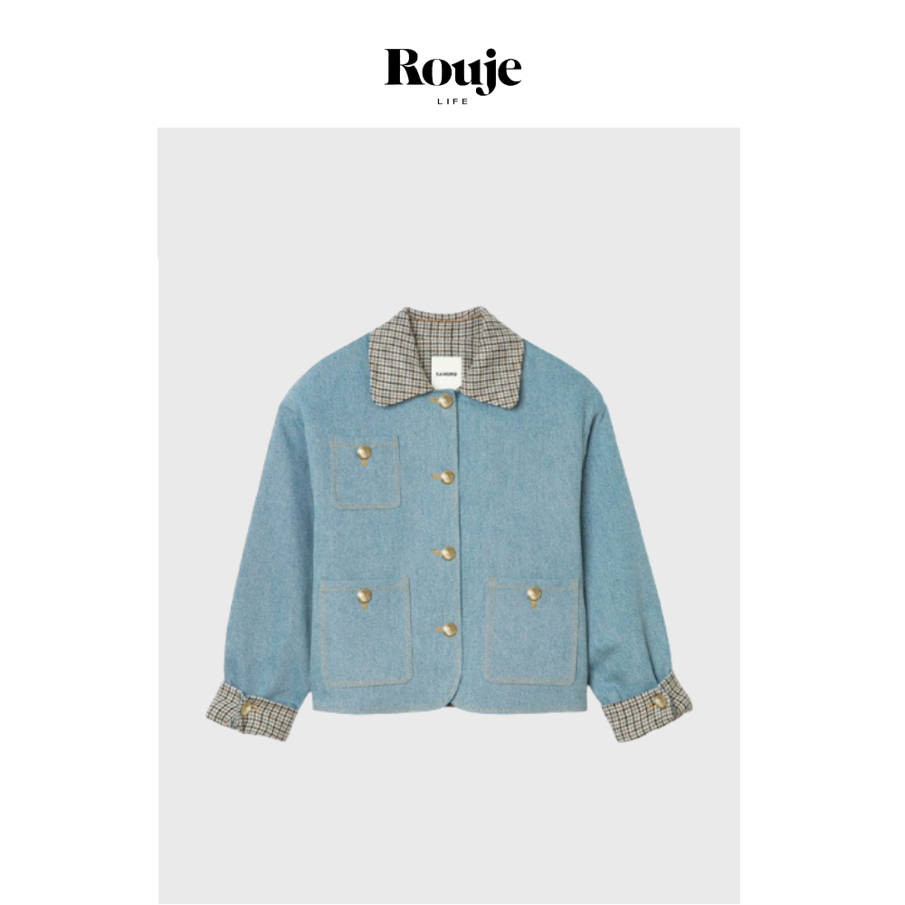 【现货】Rouje Life法式英伦牛仔外套秋季复古休闲千鸟格宽松夹克
