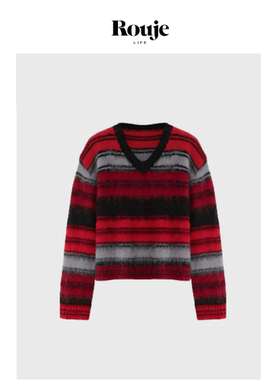 【现货】Rouje Life红黑条纹小蜜蜂刺绣羊毛马海毛V领针织毛衣女