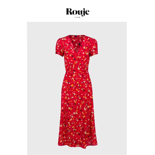 【现货】Rouje Life连衣裙法式风情红色碎花系带裹身V领茶歇长裙