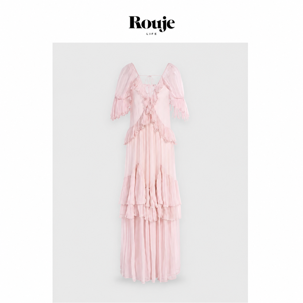 【现货】Rouje Life易梦玲法式浪漫粉色V领蕾丝荷叶边连衣长裙女