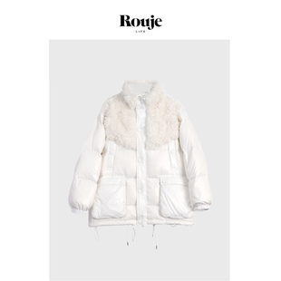 【现货】Rouje Life奶呼呼~立领拉链大口袋羊羔毛拼接羽绒服外套