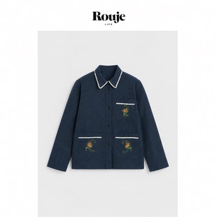 【现货】Rouje Life设计师牌衬衫26秋季藏青色花边刺绣直筒衬衣