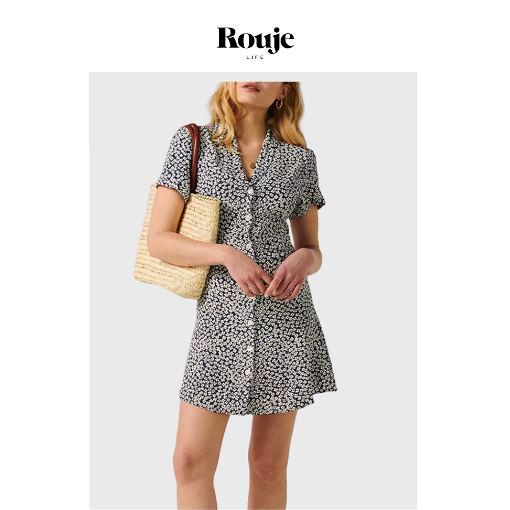【现货】Rouje Life连衣裙碎花收腰v领复古开衫纽扣短袖衬衫裙女
