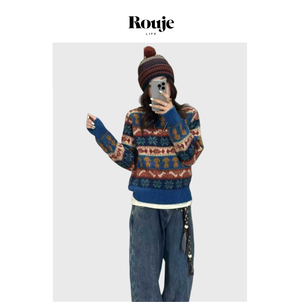 【现货】Rouje Life羊毛软糯复古小狗提花毛衣圆领条纹显瘦套头衫