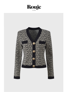 【现货】Rouje Life名媛小香风V领重工轻奢短款长袖针织开衫上衣