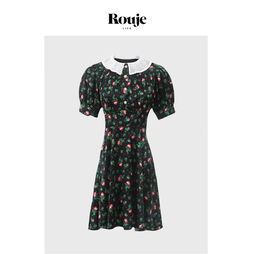 【现货】Rouje Life碎花连衣裙新款法式设计感娃娃领复古印花短裙