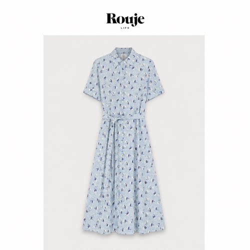 【现货】Rouje Life夏季新款抗皱全棉印花蓝色帆船圆领长款连衣裙