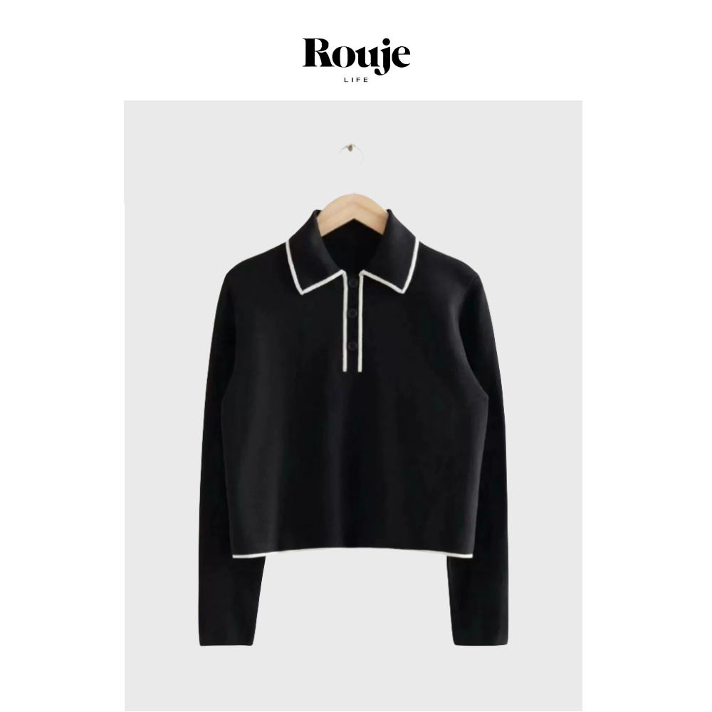 【现货】Rouje Life经典翻领针织衫24早秋黑色百搭上衣薄毛衣