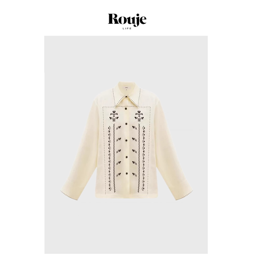 【现货】Rouje Life法式轻奢刺绣黑花复古翻领单排扣衬衫亚麻衬衣