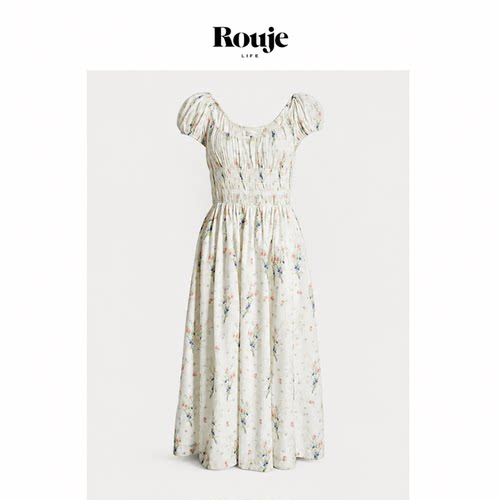 【现货】Rouje Life连衣裙quinely大圆领修身显瘦碎花泡泡袖仙女