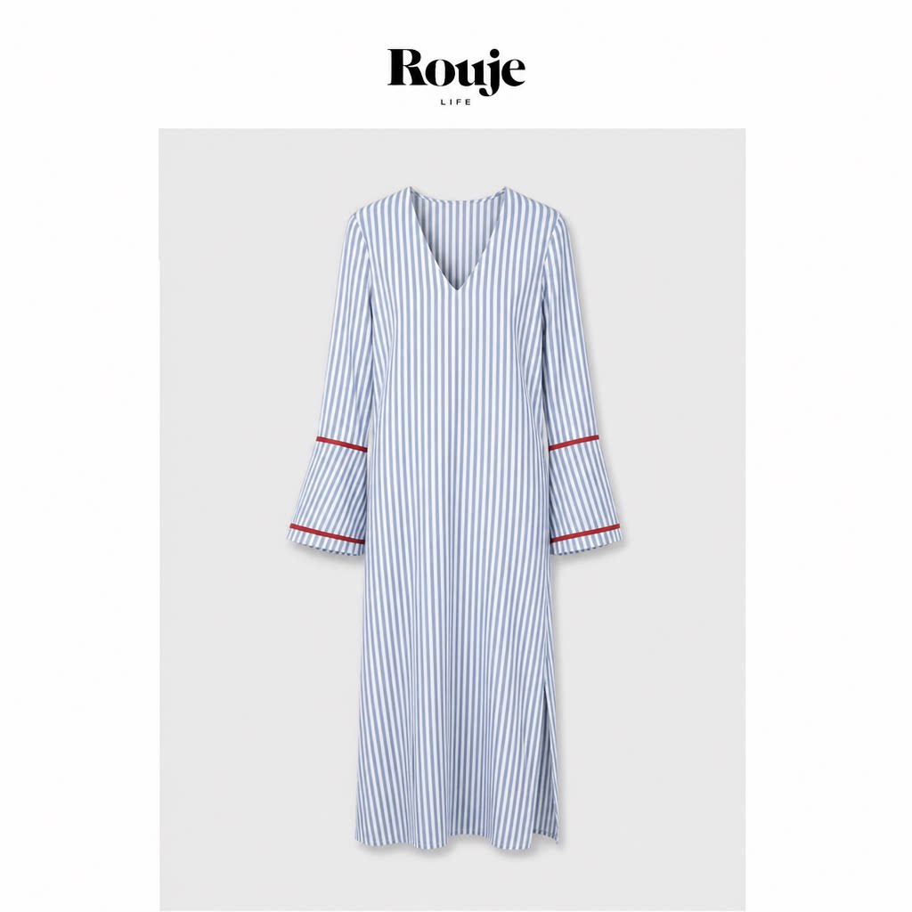 【现货】Rouje Life朱珠同款条纹连衣裙女夏季新款巨好看蓝色长裙