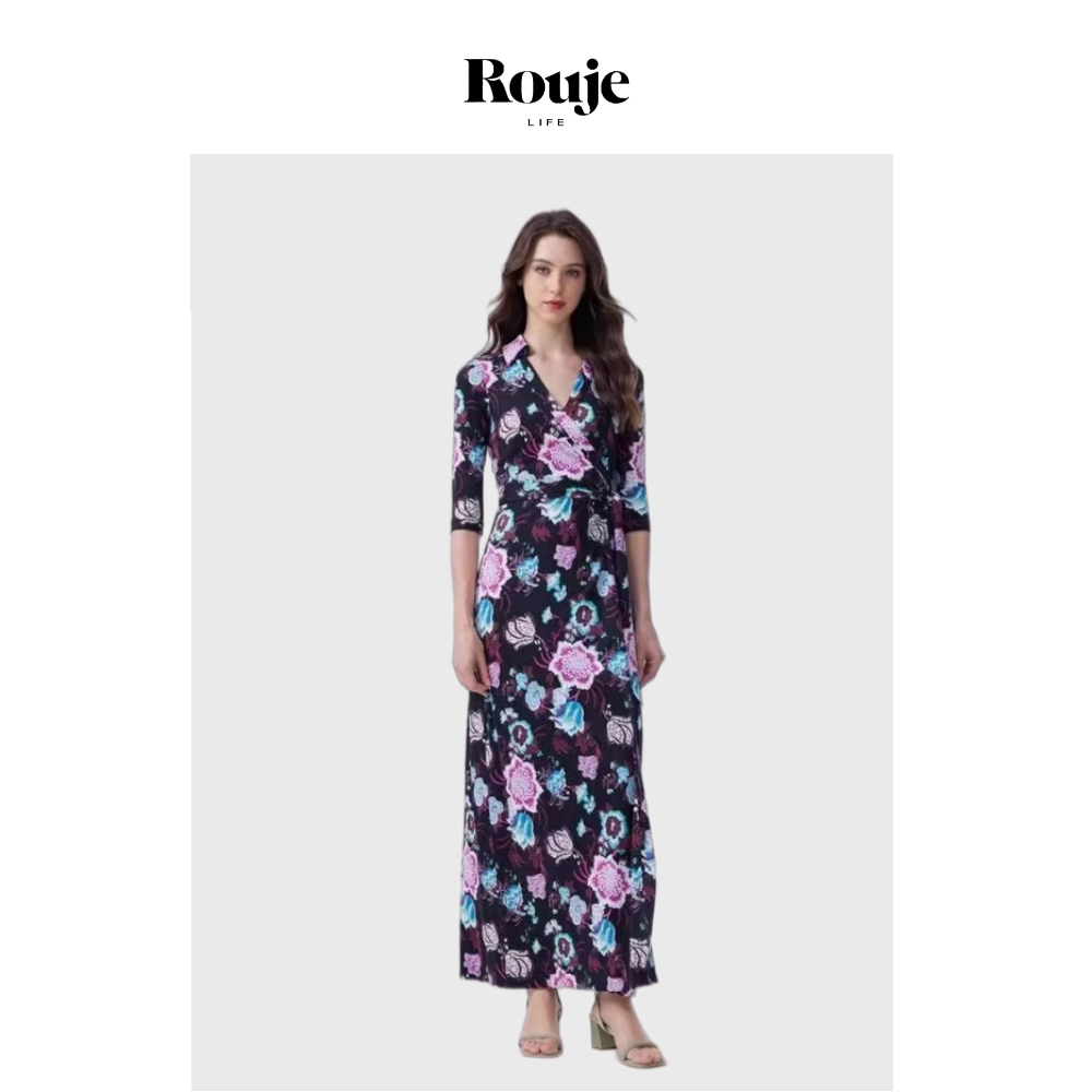 【现货】Rouje Life紫蓝柳枝花卉印花裹裙V领七分袖开叉收腰茶歇