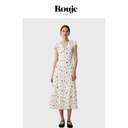 【现货】Rouje Life美国小玫瑰长裙25夏季进口人丝v领修身连衣裙