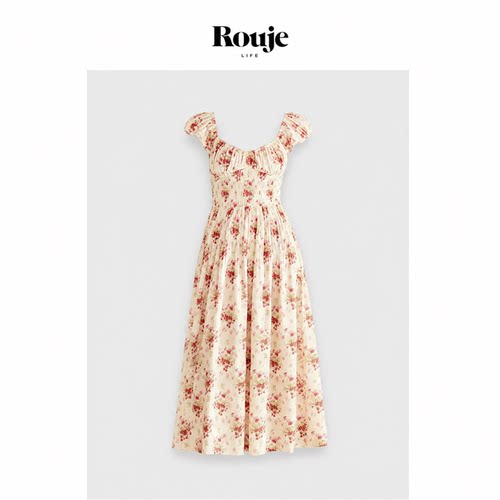 【现货】Rouje Life法式碎花长裙大圆领印花如意草短袖连衣裙