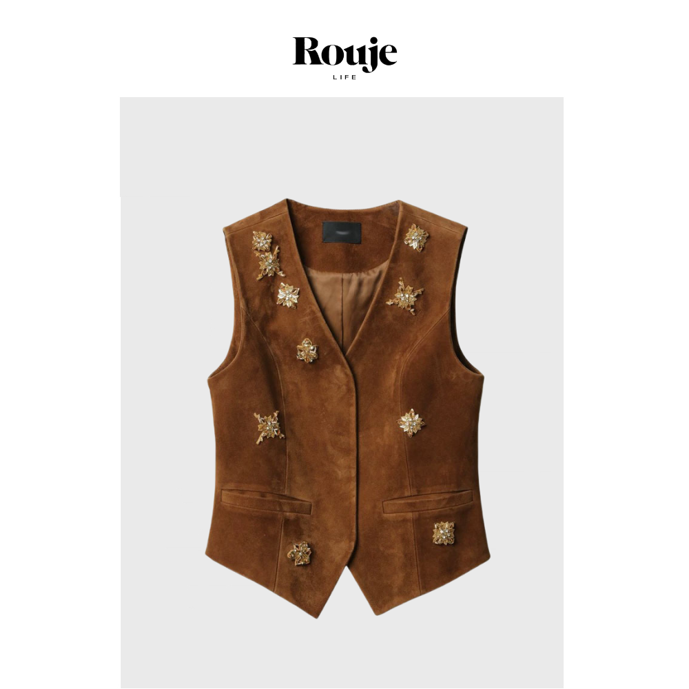 【现货】Rouje Life麂皮绒背心重工手工钉珠老钱风马甲显瘦小上衣