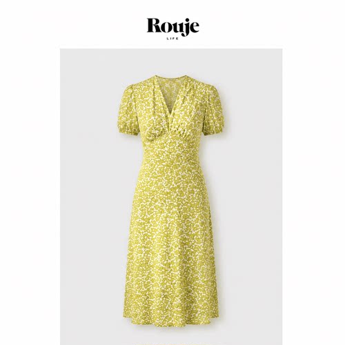 【现货】Rouje Life连衣裙盐缩褶皱肌理小碎花高腰V领显瘦中长裙