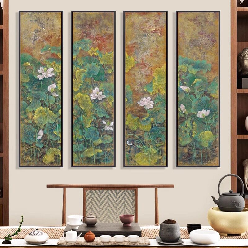 新中式古典美荷花四联装饰画酒店客厅书房茶室玄关古韵竖版壁挂画