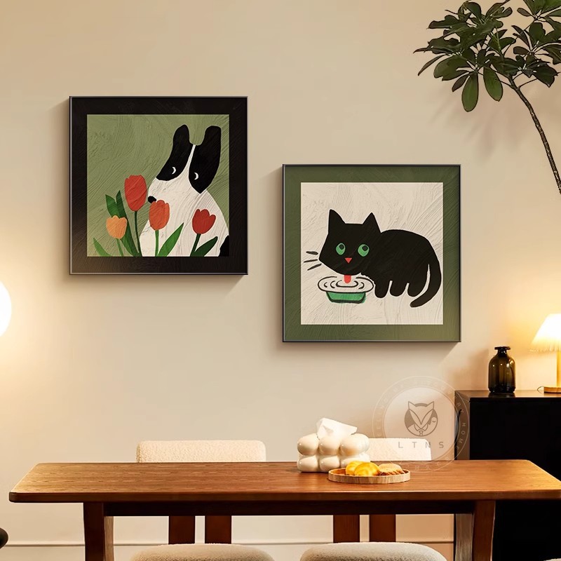 中古风餐厅装饰画卡通动物多巴胺客厅挂画复古高级感组合卧室壁画