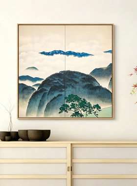 日式原木风装饰画清新风景正方形壁画民宿客栈卧室画客厅背景墙画