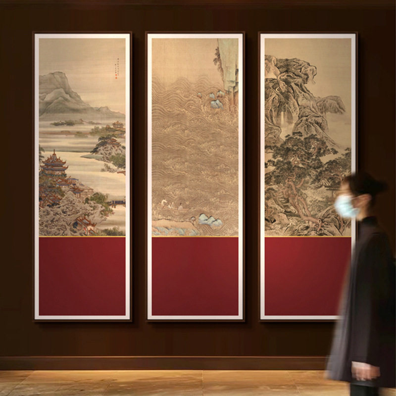 新中式玄关风景装饰画办公室背景墙多联组合挂画酒店走廊过道壁画