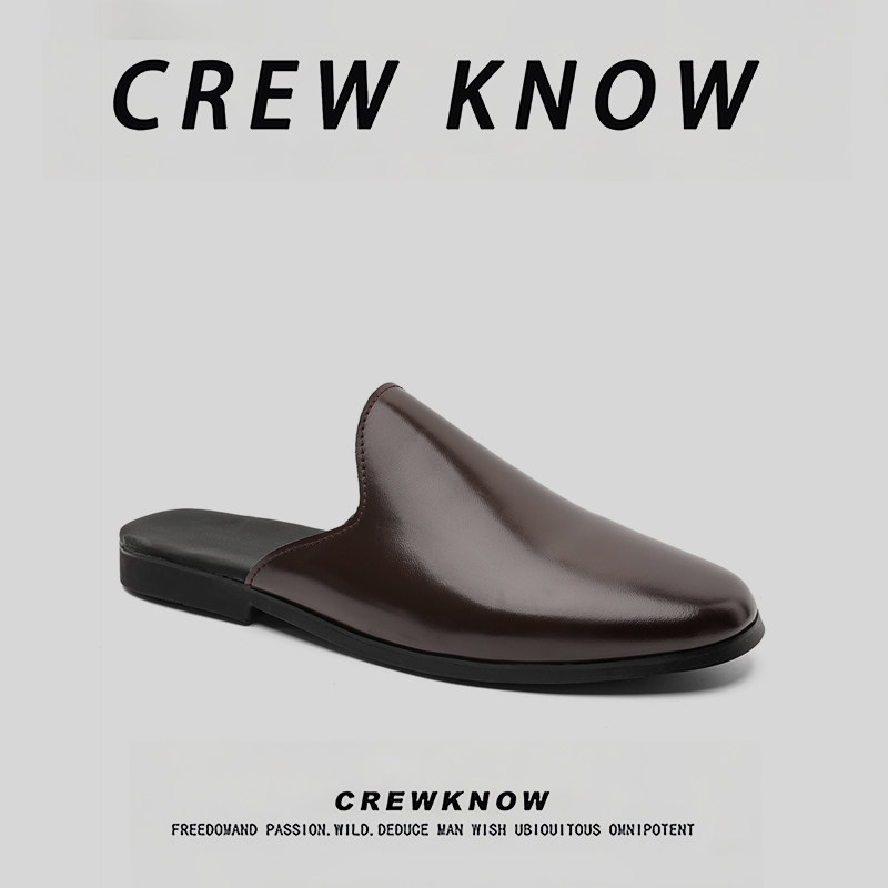 CREW KNOW时尚男鞋~二层牛皮户外休闲鞋低跟橡胶底半拖鞋透气青年