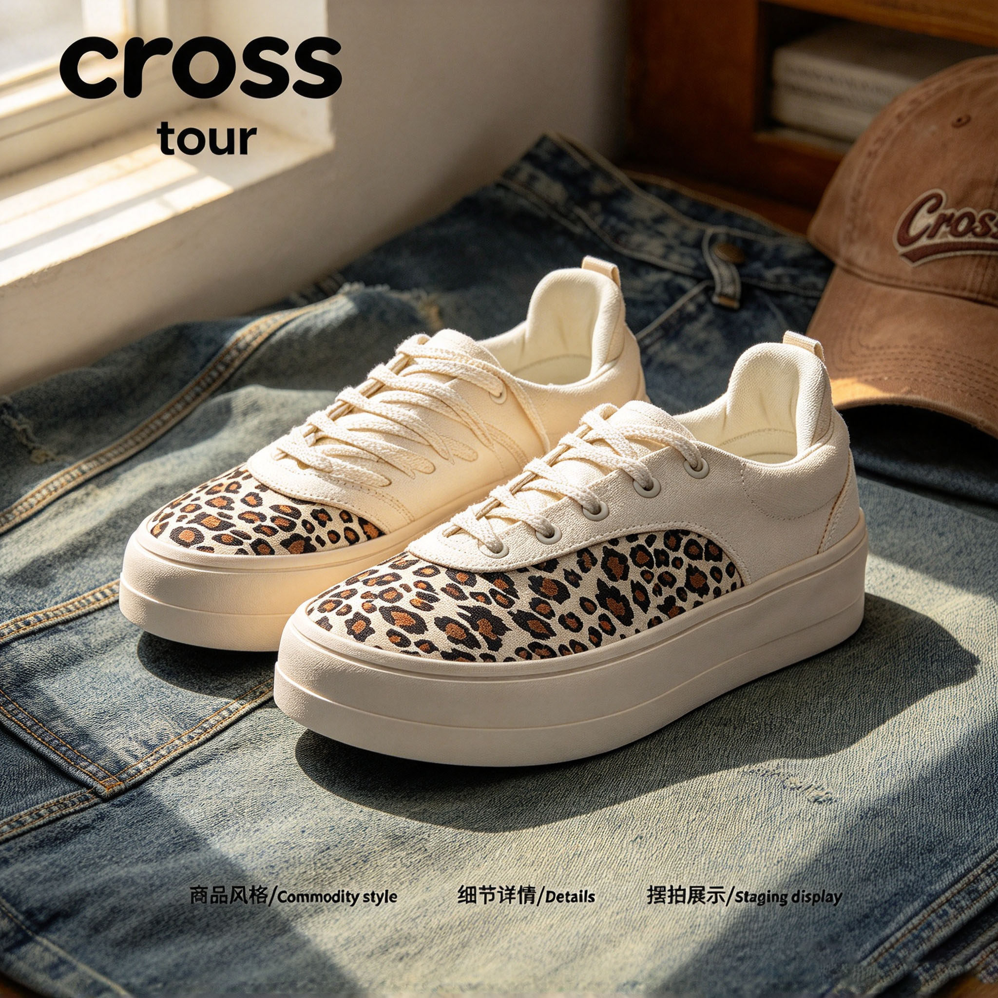 【格调日常】Cross tour米白豹纹拼接厚底休闲透气舒适轻便板鞋