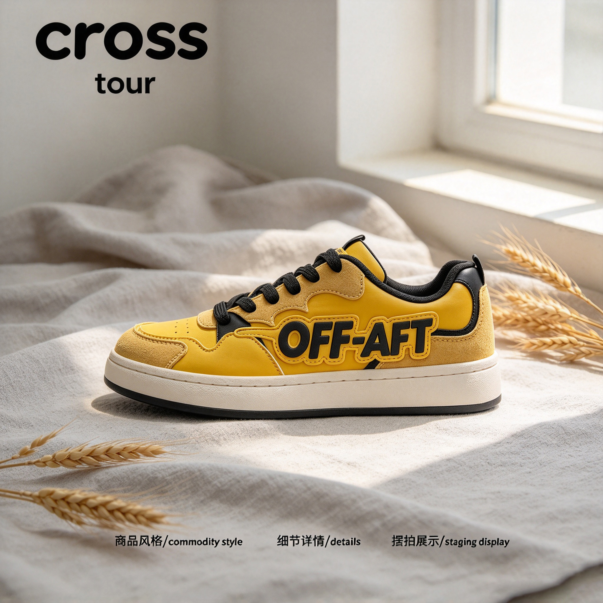 Cross tour黄色撞色拼接设计厚软底板鞋皮革透气防滑耐磨低帮男鞋