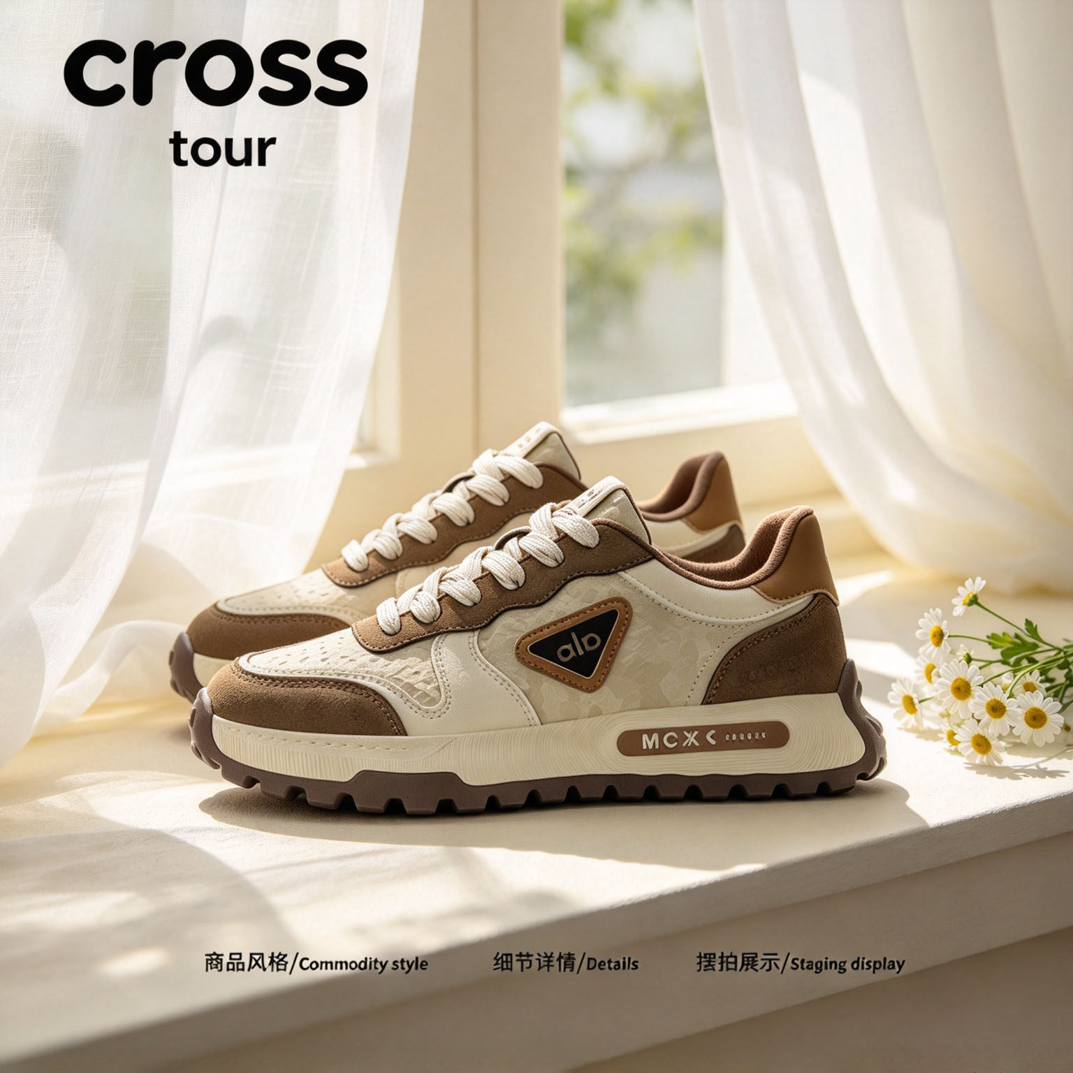 Cross tour棕米复古拼接厚底防滑阿甘鞋款织物面透气舒适低帮男鞋