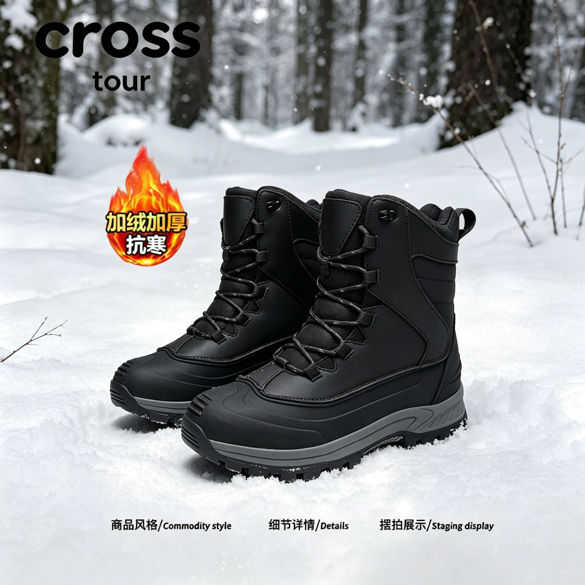 【筒身宽松】Cross tour户外防滑耐磨橡胶登山人造革抗寒高帮靴