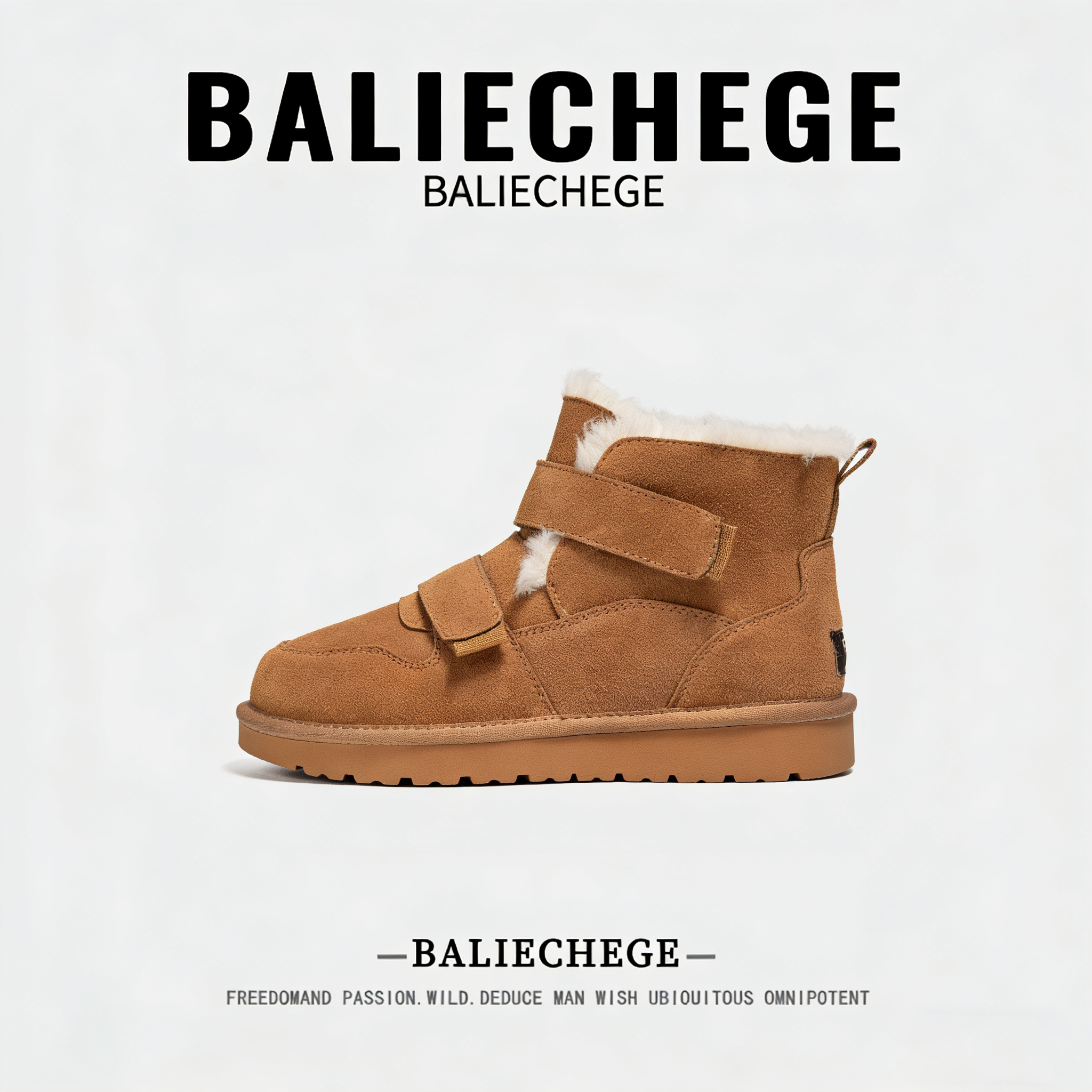 【法国BALIECHEGE专柜】冬季户外保暖雪地靴中筒魔术贴米白色男士