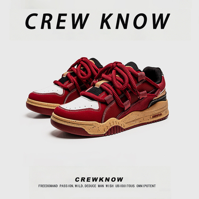 【法国CREW KNOW男鞋】红色休闲板鞋男青年复古风耐磨面包鞋潮鞋