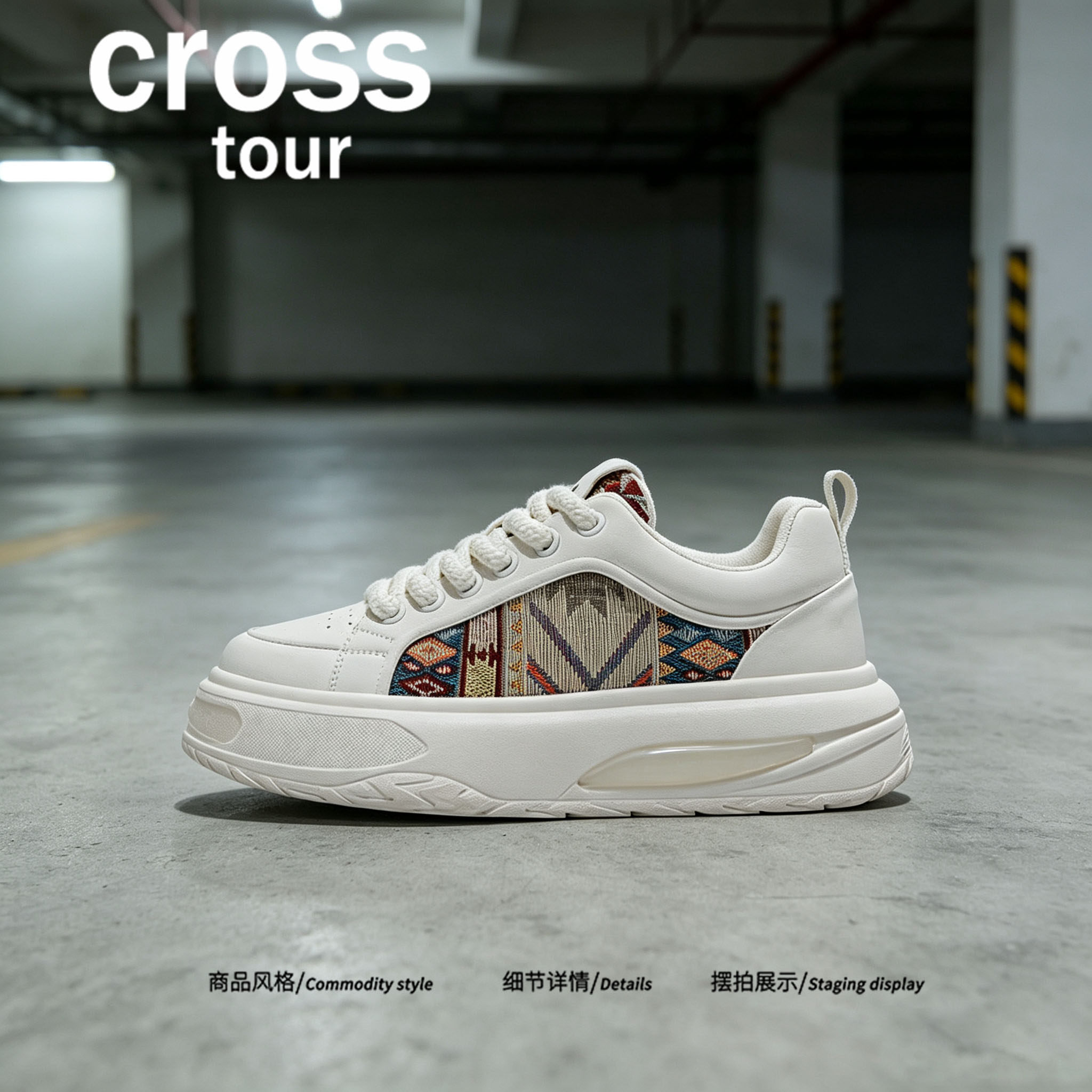 Cross tour白色民族风厚底气垫休闲板鞋织锦拼接透气舒适低帮男鞋