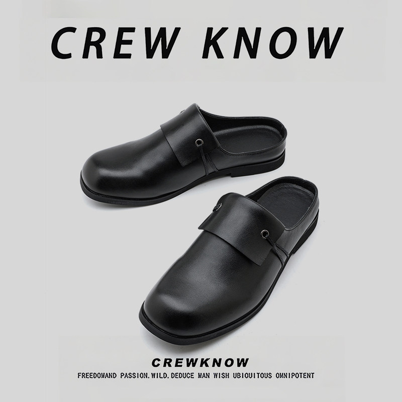 CREW KNOW时尚男鞋~穆勒鞋裁剪拼接包头通勤户外男老钱风休闲皮鞋