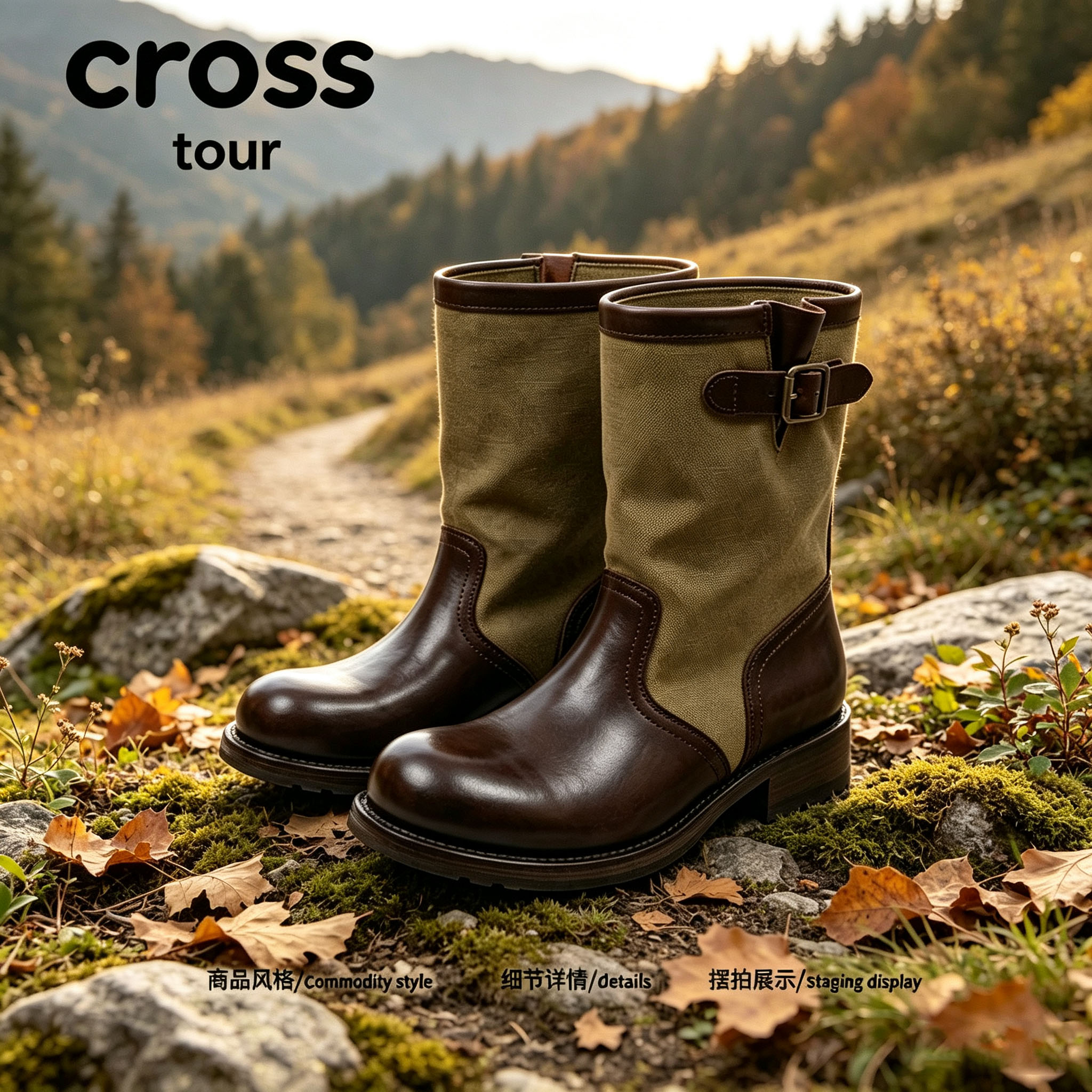 【山野漫步】Cross tour法式街头风拼接中筒靴帆布低跟拍照出片靴
