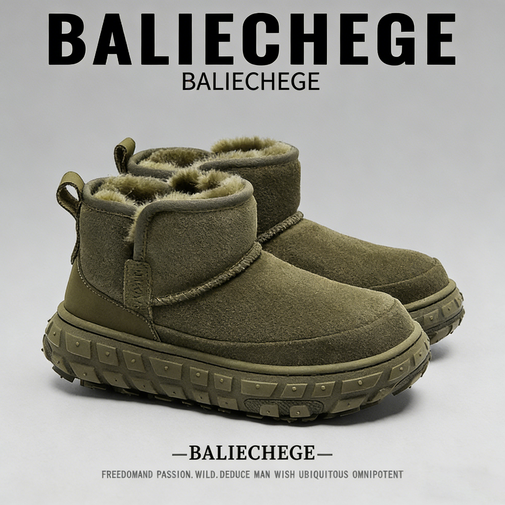 【法国BALIECHEGE专柜】深绿色混合中跟短筒雪地靴冬季保暖圆头